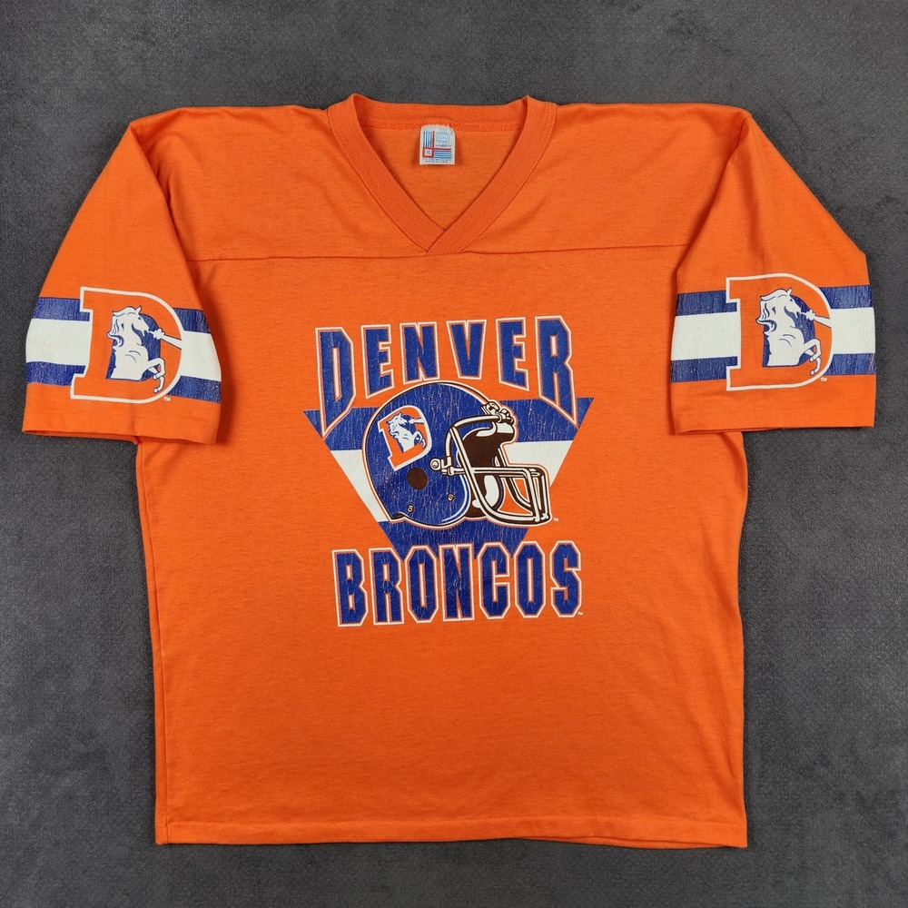 Vintage Denver Broncos Shirt Mens XL Orange V Neck D Logo Graphic USA Made 80s